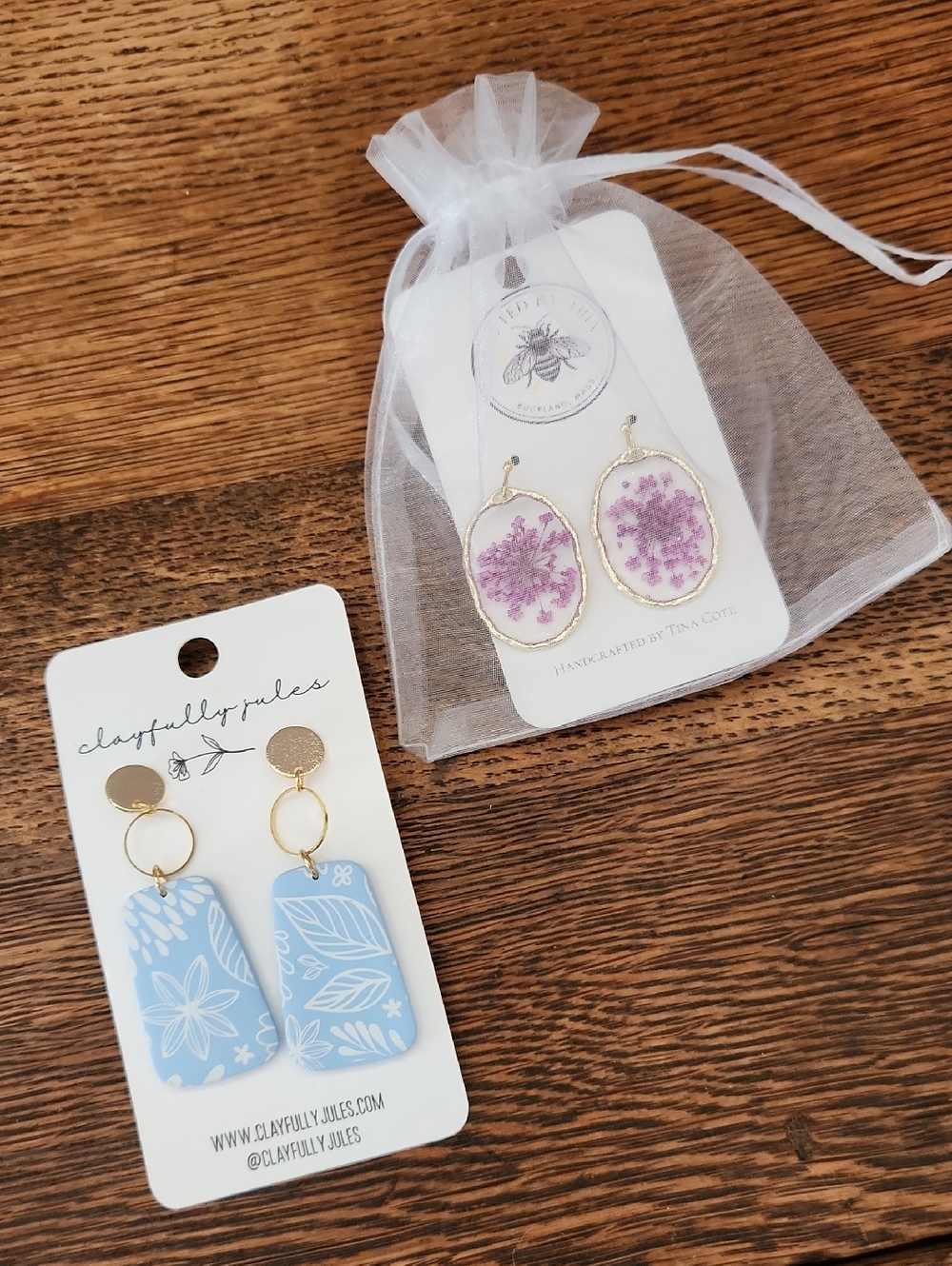 Blue Floral Dangle Earrings & Handcrafted Pink Floral Gold-Trim Earrings